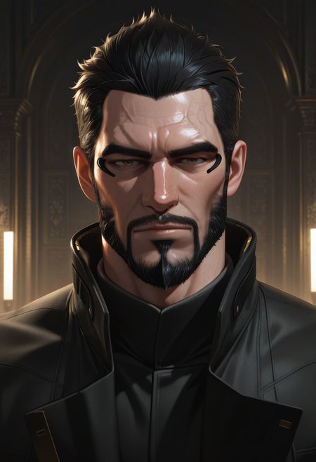 1male, solo, male focus, muscle, mature male, dx_Adam_Jensen, man,  cybernetic arms, black coat, indoor background, face portrait, dramatic light, looking at viewer, BREAK masterpiece, best quality, absurdres, newest, perfect quality, best quality, absolutely eye-catching, detailed background, intricate details