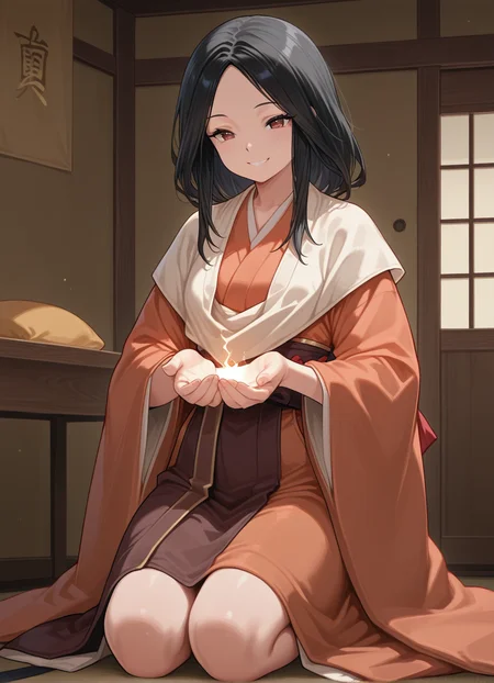 masterpiece, best quality,1girl,indoors, 1girl, smile, black hair, divinechild, japanese clothes, kneeling,  <lora:divinechild:0.8>