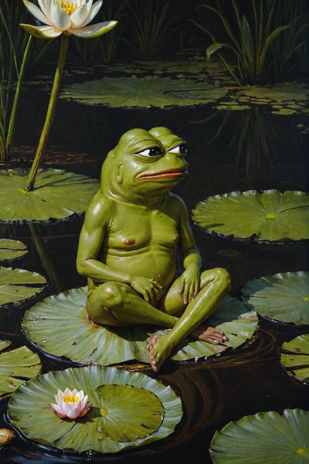 A frog is sitting on a water lily, ( sad pepe_frog:1.2), unhappy, full body, swamp, from side, 
(oil on canvas:0.1), cinematic light, Jeremy Mann, dark shot, vegetable, highlights,
<lora:ClassipeintXL1.9:0.3> <lora:pepe_frog SDXL:1>, ,best quality, high resolution, extreme detail, outstanding composition, masterpiece,