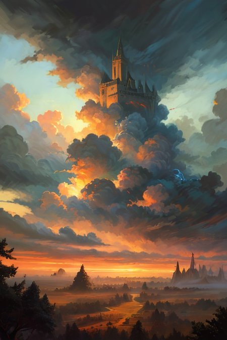 hyperrealism oil painting, ghost of the castle,
thunderstorm, and many small clouds, and slightly cloudy, fantasy forest,
an expansive ancient forest, featuring towering oaks, diverse wildlife, a variety of flora,FanRu,guiguai,
{dawn|dusk|night},
