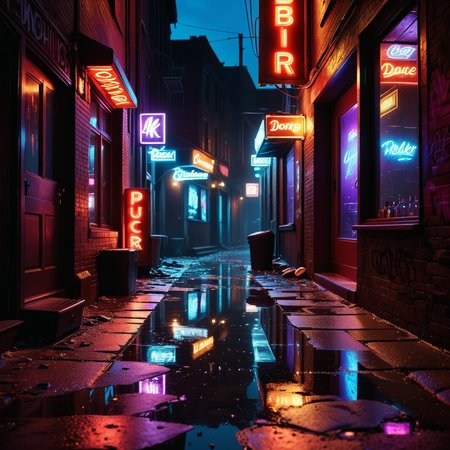 A dark and grimy alleyway behind a dance bar at night, illuminated by dim, flickering neon lights in shades of red and purple. The alley is narrow and lined with aged, graffiti-covered brick walls. Scattered trash and puddles reflecting the dim light create a gritty atmosphere. The scene feels damp and unwelcoming, with faint traces of smoke and steam rising from a nearby vent. Broken glass and discarded items litter the uneven ground. The distant hum of a neon sign and faint sounds of music leaking from the bar add to the urban, moody ambiance of the night.
<lora:SDXLFaeTastic2400:0.4> <lora:extremely_detailed:0.4> extremely detailed, Masterpiece,best quality,hi res,8k,hi res,8k,award winning,(sharp focus, intricate, highly detailed),