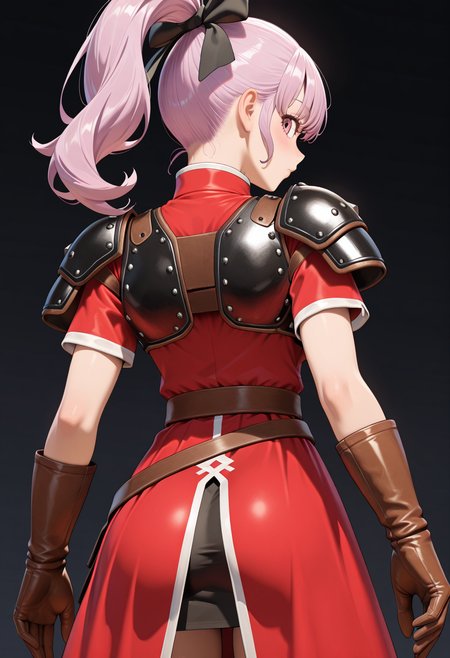 masterpiece, best quality, very aesthetic, absurdres, 1girl, solo,
 <lora:dqh2_teresa_v01:0.8>, dqh2_teresa, teresa_aurora_costume, pink hair, ponytail, pink eyes,
hair bow, shoulder armor, breastplate, red dress, short sleeves, brown gloves, leather gloves, belt, skirt, from behind, looking back