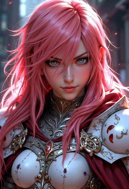 closeup portrait of female lightning farron (Final Fantasy XIII), rose-coloured hair, wearing white and red armour, mythp0rt, great lighting