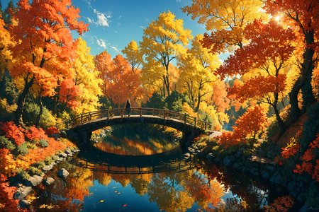 Imagine a serene landscape in the heart of autumn, where the vibrant hues of red, orange, and yellow leaves contrast strikingly against a clear, azure sky. A gentle river meanders through the scene, reflecting the brilliant colors of the trees on its smooth surface. In the foreground, a small wooden bridge arches over the river, inviting onlookers to cross. A solitary figure, clad in a cozy sweater and scarf, stands on the bridge, pausing to take in the breathtaking view. The air is crisp and filled with the subtle scent of falling leaves, creating a sense of peace and tranquility. This picturesque setting captures the essence of autumn's beauty and the reflective mood it inspires.. <lora:Lost_In_Dreams:0.6> <lora:xl_more_art-full_v1:0.6>, (masterpiece:1.2), best quality, (hyperdetailed, highest detailed:1.2), high resolution textures