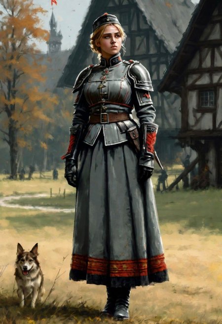 beautiful slim large-breast young heavy-armor female German soldier, long dress, socks, boots, digital painting in jrst artstyle