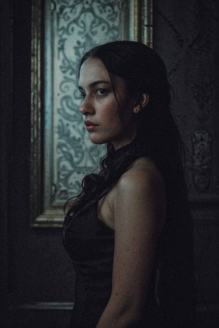 Masterpiece, portrait medium shoot of a beautiful woman standing within the dimly lit halls of a dark castle during a mysterious night party. Illuminate the scene with a faint light, highlighting her hair and nose, adding to the enchanting atmosphere. Incorporate eerie and damp elements, along with subtle contrasts, to evoke a sense of mystery. Enhance the Victorian-style surroundings with old master paintings hanging on the walls, Capture the essence of glamour and intrigue within the enigmatic castle setting, lowkey DV_Vicky_Vicious