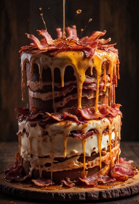 masterpiece, best quality, ultra detailed, ink splats, cake (made out of bacon),  maple syrup, delicious, close-up, warm lighting, 8k