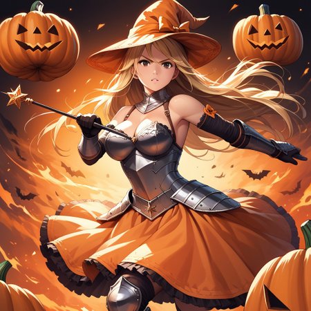 long hair, blonde hair, pumpkin hat,large breasts 
Knight,armored dress,elbow gloves,holding wand,pumpkin  skirt 
fighting stance,dynamic pose
score_9, score_8_up, score_7_up,  masterpiece, best quality, source_anime, source_hentai,  uncensored, detailed background,
