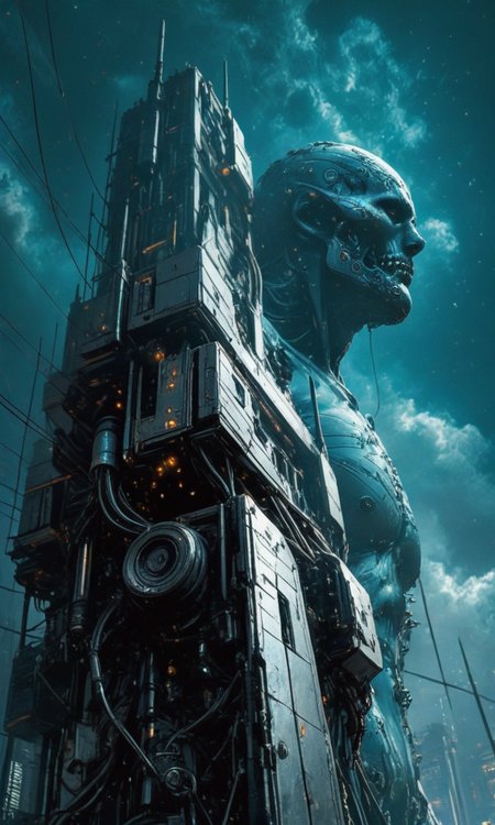 from below, with markings,  at night, edgy enough for a metal album cover, dynamic,  <lora:- iLL - the_edgy_mech_V2.0-step000013500:0.4>, <lora:- iLL - master_of_slob_omnom_V1.0-step00011500:.8>    <lora:noobai_vpred_1_blending_v1:0.8>  <lora:Far_Future_Sketch_Illustrious__Pony:0.8>