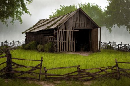 RAW photo, (masterpiece:1.3), subsurface scattering, heavy shadow, (high quality:1.4), (intricate, high detail:1.2), professional photography, HDR, High Dynamic Range, realistic, ultra realistic, photorealistic, high resolution, film photography, ambient lighting, atmospheric effects, <lora:detail_slider_v4:2>, OverallDetail,  cabin, fields, barn, fence, fantfa, <lora:FantasyFarm:1>
