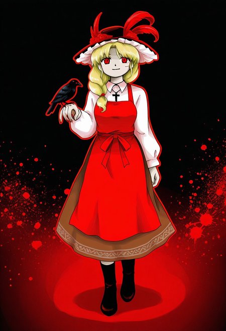 watercolor, aesthetic, colorful, jaggy lines, zun \(style\), BREAK, 1girl, ((dippjacketgirl), mature, older woman, hair over shoulder, leather hat, frilled hat, hat feather, one feather, crow feather, collared shirt, cross necklace, red ribbon, long sleeves, red apron, brown skirt, blonde hair, red eyes, scars on hands),  crow on hand, full body, (dark background, glowing eyes, simple background, red monochrome, white splatter background, red outline, jaggy lines, foreshortening)