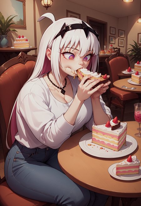 score_9, score_8_up, score_7_up, source_anime, 1girl, Nikusa, ringed eyes, black hairband, necklace, <lora:Nikusa_XLPD_CAME:1>, white shirt, indoors, jeans, table, chair, sitting, food, cake, eating, drink,