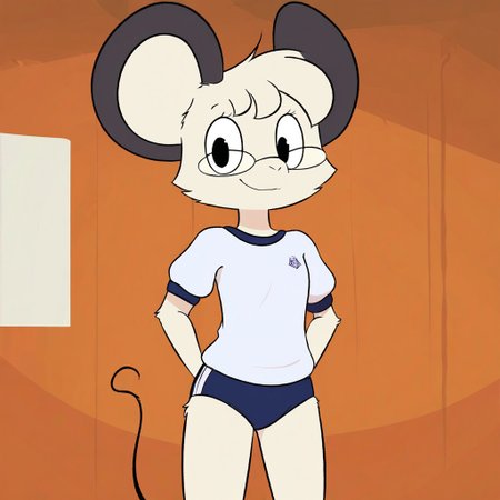 T4my,1girl,solo,furry,furry female,mouse girl,short hair,mouse ears,black eyes,glasses,animal nose,body fur,white fur,mouse tail, buruma, gym uniform, white shirt, indoors, school gymnasium