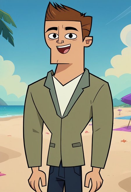 Score_9, cartoon source, toon source, DON, 1boy, solo, Brown hair, black eyes, thin eyebrows, black pupils, round pupils, light green shirt, white shirt, blue pants, happy, beach, blue sky, sunny.