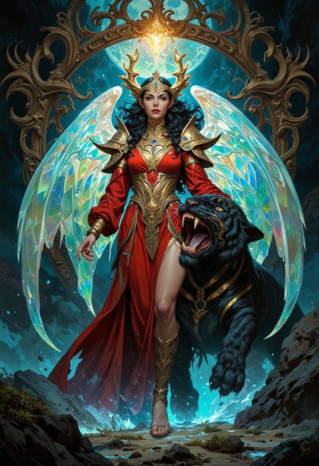score_9, score_8_up, score_7_up, boris vallejo style, frank frazetta style, 8k high quality digital painting, masterpiece, very detailed, ultra realistic, (best quality) very detailed epic masterpiece, detailed face, we see an unearthly beautiful goddess with iridescent wings and a red and gold outfit, she stands in a glass world, next to her stands a black tiger with gold stripes, the tiger has turned its head to the side and is roaring, big teeth,, full body, realistic, realism,