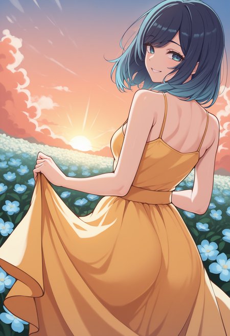 masterpiece, best quality, newest, from behind, solo, 1girl, aknkrkw, smile, looking back, skirt hold, medium hair, gradient hair, blue hair, swept bangs, blue eyes, yellow sundress, spaghetti strap, bare shoulders, outdoors, sunset, cloud, sunlight, flower field
<segment:yolo-face_yolov8m.pt,0.4,0.5//cid=1>