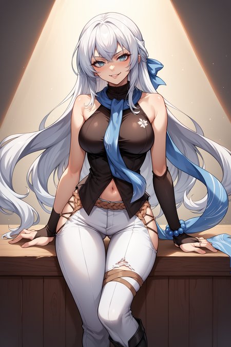 score_9, score_8_up, score_7_up, , rating_general ,1girl ,szncs, long hair, sidelocks tied back, blue hair bow, blue scarf,  sleeveless turtleneck, black bridal gauntlets, bead bracelet, rope belt, hip vent, torn pants, single pantsleg, thigh strap, black boots,  source_anime, <lora:ShizunaRemMisurugiPDCAMEq1v1.1 Eiyuu Densetsu:1>, cowboy shot,  abstract, spotlight, naughty face, alluring, indoors, shiny skin, bare arms, bare shoulders,