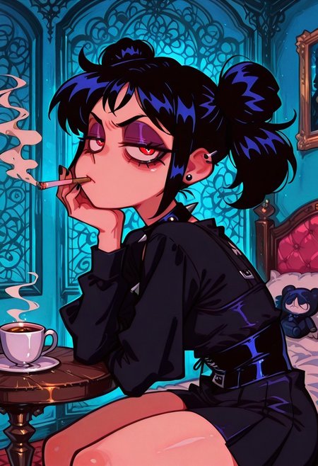 IllustriousQual, masterpiece, best quality, amazing quality, very aesthetic, absurdres, 1girl, solo,
(((Gothic bedroom))), 
solo, ((having coffee))), ((smoking)), black nail polish, sitting, coffe table, looking at viewer,, (annoyed), bored, lowered eyelids,red eyes,
<lora:ValbunStyle-IL:0.9> valbun, source_anime, twintails, goth, spiked collar, black hair, ear piercings,  (\(sailor moon\):0.9) (tsukino usagi:0.9), side view