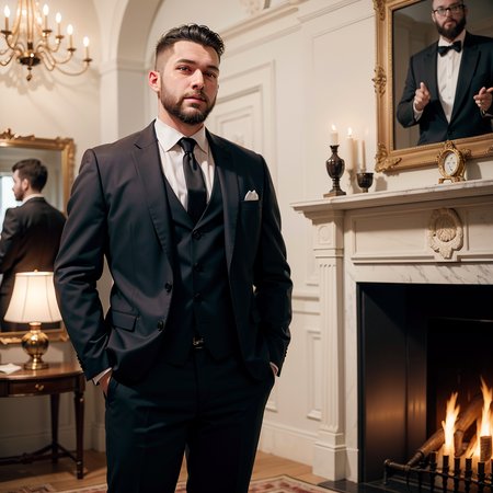 masterpiece, absurdres, high quality, realistic,
1boy, short hair, beard, mafia, suit and tie, pants, evil grin, standing,
indoors, fireplace,