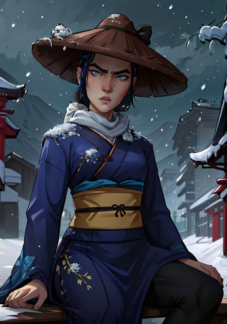 1girl, mizuOC (sitting:1.2),  ,very angry, (1girl, blue eyes, black hair, japanese clothes, blue kimono:1.2) looking at viewer, (chinese hat:1.2), from below, 
(detailed landscape, japanese temple, night, winter, snow, tree:1.2),(cowboy shot:1.2), (dynamic pose:1.2), (dark atmosphere, wind),
(masterpiece:1.2), (best quality, highest quality), (ultra detailed), (8k, 4k, intricate), (50mm),
  <lora:MizuBESamurai_character-08:0.7>   <lora:arcane_offset:0.5>
