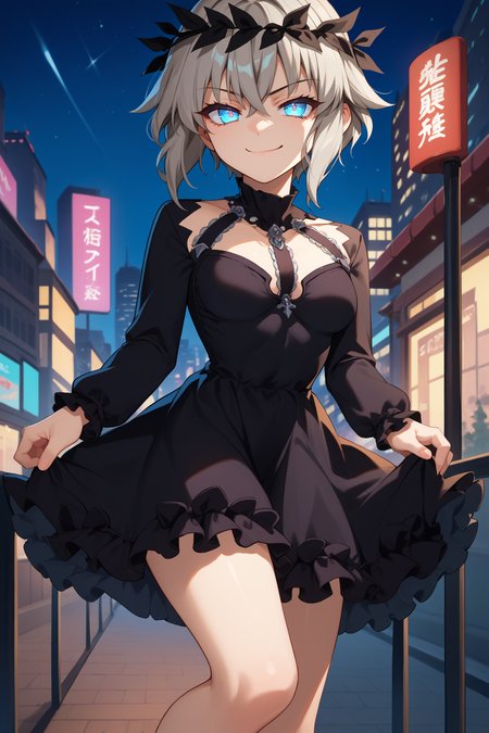 score_9, score_8_up, score_7_up, score_6_up, source_anime, 1girl, solo,  <lora:amisuel-pdxl-nvwls-v1-000005:1> rncAm, grey hair, short hair, blue eyes, head wreath, choker, halter straps, black dress, frilled skirt, long sleeves, medium breasts, looking at you, smug, night, city, thighs, smile, looking at you