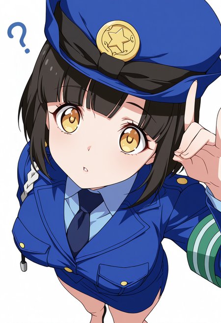 Smooth Quality,masterpiece,very intricate, high quality details, ultra realistic, high detailed skin,detailed enviorement,absurdres,
fox shadow puppet,
 <lora:Tachibana_Mei_CNR:0.8> mei_cnr,  black hair, short hair, bob cut, blunt bangs, yellow eyes, large breasts,mei_cnr_def, 1girl,police uniform, blue jacket, shirt, collared shirt, pencil skirt, blue necktie, armband, police hat, breast pocket,black footwear,, confused,, simple background, white background, from above,solo,