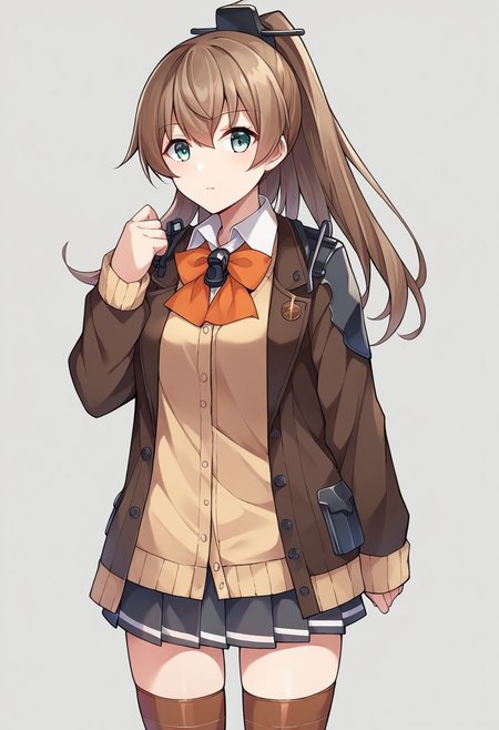 score_9, score_8, score_7, source_anime, kumano (kancolle), ponytail, brown jacket, brown thighhighs, ascot, collared shirt, bowtie, standing, frills, ribbon, cardigan