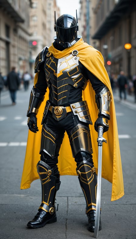 score_9_up, score_8_up, score_7_up, Raw Photo, The Death Mechanical Warrior wears a yellow cape, graphite black armor combines white and yellow materials, smooth and streamlined body, wields a super giant black and gold scythe, the surrounding ghosts are in the shadows, looming, depth of field, dynamic angle, photo realistic:1.4, realistic skin:1.4, fashion photography, sharp, analog film grain, hyperdetailed:1.15