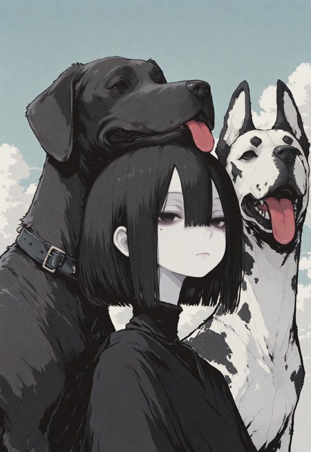 1girl, solo, black hair, bob cut, hair between eyes, solid black eyes, detailed eyes, looking to the side, mole under eye, expressionless, looking to the side, closed mouth,pale skin, black turtle neck, animal focus, dog, Great Dane, paw up, paws on head, tongue out, whimsical dog, spotted fur, pale blue sky, clouds, close up, chromatic aberration,minimalsim, no lineart, no outline, blending, flat color,15546+456868, r17329_illu,S4bit4mago_illu