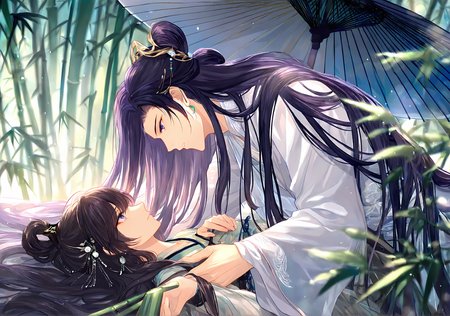 masterpiece,best quality,<lora:fat-noob05:1>,
lovebrush chronicles, heroine (lovebrush chronicles), clarence clayden, 1girl, long hair, umbrella, 1boy, black hair, hair ornament, long sleeves, oil-paper umbrella, lying, chinese clothes, hanfu, looking at another, hetero, bamboo, very long hair, on back, holding umbrella, earrings, leaf, from side, jewelry, holding, eye contact, dress, upper body, light particles, hair bun