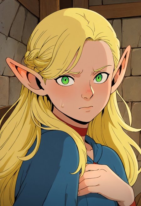 masterpiece, best quality, newest, absurdres, highres, 
X-1990STV1.0, 
1girl, marcille_donato \(dungeon_meshi\), elf, pointy ears, green eyes, blonde,