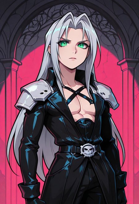 score_9,score_8_up,score_7_up,score_6_up, masterpiece, best quality, very aesthetic, 2d, ((thick lines)), vibrant saturated colors,
volumetric lighting, cinematic lighting, moody lighting, dramatic shadows,
detailed background, 
BREAK sephiroth, official outfit grey hair, long hair, very long hair, parted bangs, armor, open clothes, shoulder armor, long sleeves, pectorals, black jacket, jacket, black gloves, high collar, long bangs, black coat, green eyes, slit pupils, gothic noir background