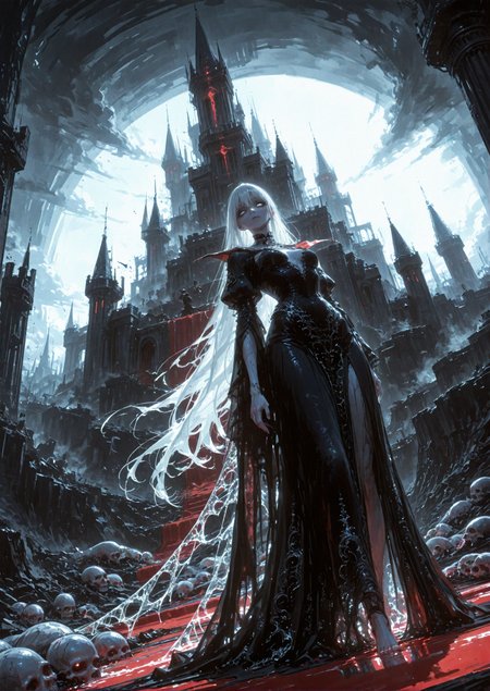 The image is a digital illustration of a vampire goddess with a low perspective, as if the viewer is looking down on everything. She is a tall, statuesque woman whose pale skin, endlessly long white hair and shining silver eyes contrast with the gloomy and dark atmosphere around her. She stands on the steep cliff of her ruined castle, looking down at her subordinates with complete indifference, as if looking through them. Her sexy tight black dress has an endlessly long hem that flows like silk somewhere down, disappearing from view. The dress is decorated with many silver patterns, moving in intricate swirls, as if hypnotizing the viewer. A dark and gloomy aura is visible around her, from which all living things wither and die, including her servants and subjects, whose corpses litter the road she walked on. This aura contrasts with her almost angelic appearance, casting a dark cloud of dark magic over her castle and down to her subjects. Her movements are graceful and elegant, she moves like a messenger of death, whose touch can bring death to all living things. Beneath her feet is a red carpet of blood from the people who stood in her way, whose lifeless bodies lie somewhere behind her.
volumetric lighting, cinematic lighting, aesthetic design, dramatic angle, dutch angle, low angle, dramatic framing, cinematic framing, posing at an angle, extremely sharp focus, unique artistic composition, hight reflection, (maximum ultra-high definition image quality and rendering:1), maximum image detail, maximum realistic rendering, strong reflection
<lora:add-detail-xl:0.6>  <lora:spo_sdxl_10ep_4k-data_lora_webui:0.5>  <lora:USNR STYLE_XL_loha:0.45> <lora:GodsAndMayhemXL:0.9> <lora:748cmSDXL:0.6> <lora:ponyv5_noobV065S_1_adamW:0.65>  <lora:GENESIS_MK0.2:0.55>