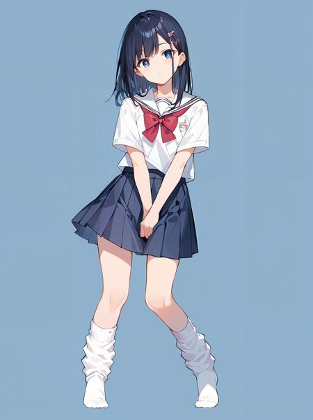 score_9, score_8_up, score_7_up,source_anime, high res image,masterpiece,best quality,(girl:1.0),cute face,clear skin,shiny hair,ultra detailed eyes,simple background   <lora:loose socks_pony_V2.0:1> loose socks,school uniform,shirt,skirt
