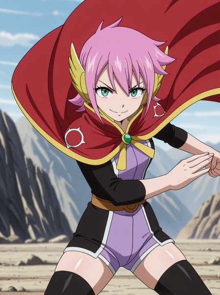 masterpiece, best quality, amazing quality, very aesthetic, absurdres, newest,shiny skin,  anime screenshot,  anime coloring   <lora:MeredyFT:1>1girl, pink hair, solo, meredyoutfit1 ,  thighhighs, short hair, looking at viewer, cape smile , standing,  fighting stance,