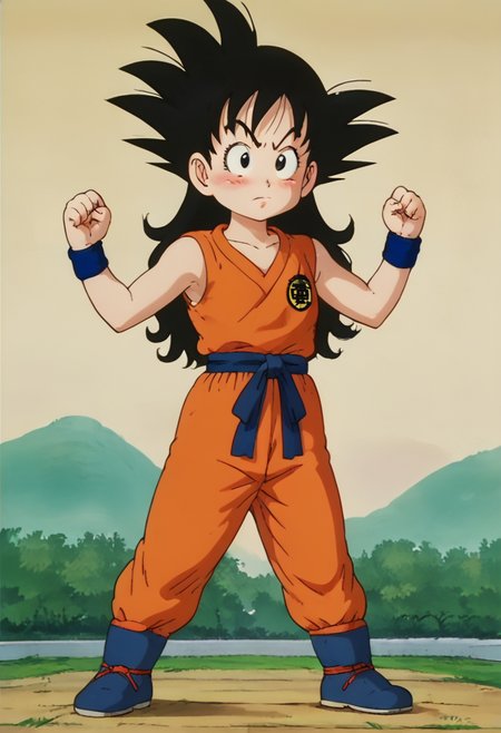score_9, score_8_up, score_7_up , , source_anime, intricate details, masterpiece, high quality, prefect hands, best quality,, 1girl, solo , anime screencap,
,Martial Arts Tournament Stadium,Stadium,Tournament , 
, GGoku , black hair, black eyes, big eyeballs , spiked hair , long hair  ,    eyelash , lips  , cute , blush ,  small breast ,   chibi , <lora:GGoku-000003:0.7>,
, cute pose , 
orange dougi, blue sash, blue wristband, sleeveless , orange pants, orange topwear,  <lora:Dragon_Ball_Background_Pony_XL:0.8>