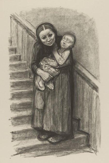 kako1 black and white charcoal drawing, rendered in a sketchy, impressionistic style with visible, textured lines and shading. It depicts a scene of a woman and a child standing on a staircase. The woman, dressed in a long, flowing dress, is holding a child who is nestled against her shoulder. The woman's face is not clearly visible, but her posture and the way she cradles the child suggest a tender, protective embrace. <lora:kako1_litho_nocap_d6a3:1.0><lora:814763525491848116:0>