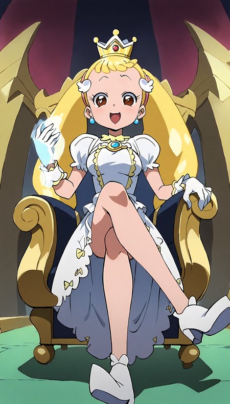anime artwork of score 9,score_8_up,score_7_up,source_anime,masterpiece,best quality,(parody:1),(anime screencap:1.2),
BREAK
(makihatayama hana:1),1girl,twintails,blonde hair,brown eyes,ornament,hairband,solo,
BREAK
sitting,looking at viewer,crown,(white queen dress:1.5),(queen crown:1.2),lace gloves,medium breasts,throne,throne room,queen,crossed legs,evil,dark theme,black coat,
BREAK
glowing aura,global illumination,glowneon,from below,dark aura,aura,
<lora:hana_makihatayama_xl_for_pony_xl_v01>,