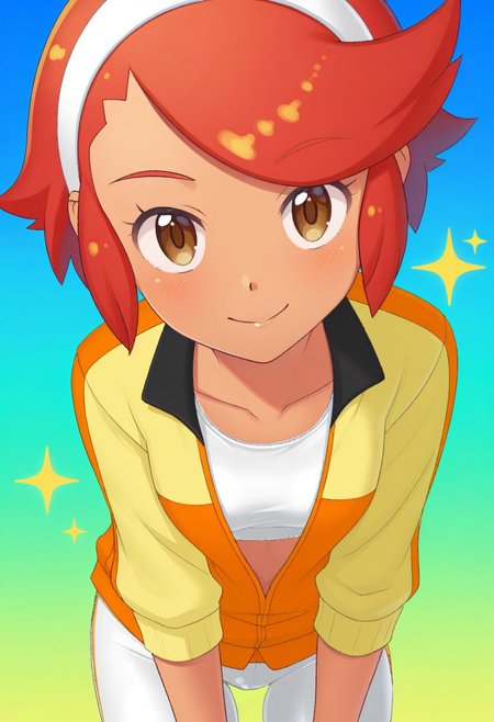 2d, masterpiece, best quality, amazing quality, 1girl, solo, close-up, standing, smile, upper body, leaning_forward, looking at viewer, multicolored background, sparkle, gradient background, colorful background, green background, blue background, clovers,  pktina, brown eyes, short hair, red hair, bangs, dark-skinned female, white hairband, multicolored jacket, yellow jacket, orange jacket, partially opened jacket, three-quarter sleeves, black wristband, white sports bra, white shorts, bike shorts, rating safe