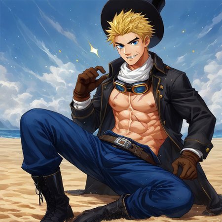 full-length portrait, dynamic pose, blue sky backgrouns, sunny day, vegetation, sand, fire and sparkles, a sexy male, SABO, male focus, 1boy, blonde hair, solo, smile, gloves, ascot, scar, pants, hat, goggles, coat, belt, goggles on headwear, short hair, top hat, shirt, scar on face, brown gloves, black headwear, open clothes, boots, open coat, white ascot, black coat, long sleeves, blue pants, black footwear, pectorals, abs, jacket, blue shirt, black gloves, goggles around neck, blue eyes, muscular, muscular male, scar across eye, white shirt, yaoi