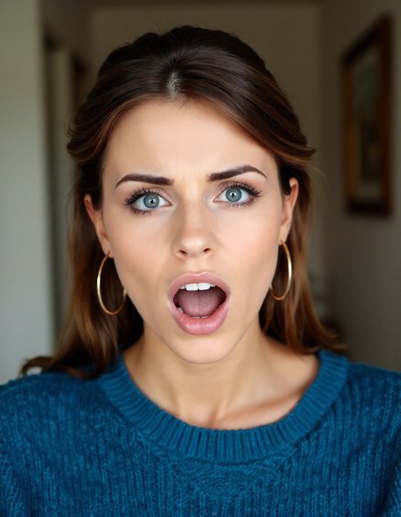 a beautiful woman with brunett hair, green eyes and hoop earrings in a blue pullover, mouth wide open, front view, ultimabody. ((she looks very scared))