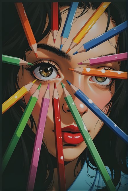 Creative portrait of a person with a unique and artistic use of colored pencils. The individual's face is partially obscured by a burst of colorful pencils that radiate outward from their eye, creating a dynamic and visually engaging effect.
The person has light skin and bright red lipstick, which stands out against the dark background. Their eyes are wide open, with one eye being the focal point of the image, surrounded by the array of pencils. The other eye is partially visible, peeking through the pencils, adding to the sense of depth and perspective.
The colored pencils are arranged in a circular pattern, with each pencil pointing towards the center of the eye. The colors are vibrant and varied, including shades of red, orange, yellow, green, blue, and purple, creating a rainbow-like effect. The pencils appear to be sharp and well-defined, adding to the overall clarity and impact of the image.
The background is dark and out of focus, ensuring that the attention remains on the subject and the colorful pencils. The lighting is soft and even, highlighting the texture of the person's skin and the details of the pencils.
Overall, this image is a highly creative and visually captivating representation of portraiture, using color, composition, and everyday objects to create a unique and memorable visual experience.
BREAK j_art, anime, anime art, <lora:FLUX\jul\J_Anime:0.7>, <lora:FLUX\Anime Art V3:0.1>, <lora:FLUX\Flux-jijia:0.2>