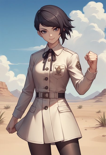 score_9, score_8_up, score_7_up, source_anime,  1girl, thigh up, looking at you, smile, furrowed brow, clenched hand, <lora:zs_YokoXL:1> yokosmtvv, short hair, black hair, swept bangs, uniform, neck ribbon, skirt, black pantyhose, desert, sky, cloud