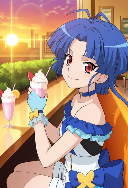 masterpiece,best quality,amazing quality,

solo, face focus,

Am Chouno (Cardfight Vanguard), short hair, blue hair, antenna hair, red eyes,

idol outfit, idol, blue choker, blue gloves, fingerless gloves, white shorts,

Looking at viewer, big smile, from side,

cinematic, upper body, milkshake, 

Sit, sitting, glass, sci-fi city, cafe, greenery, 

afternoon, sunset, 

Lens flare, bloom, detailed shadow,

Official style, anime screencap, anime coloring,

















