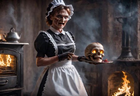 4k, Cinematic style of (Freddy Krueger:1) wearing (maid costume:1.2), holding a skull, heating oven, fire background. god rays, Shallow depth of field,  vignette,  highly detailed, high res, high budget,  bokeh,  Cinemascope,  moody,  epic,  gorgeous