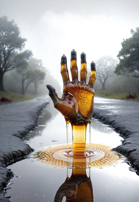 ethereal fantasy concept art of a zombie hand made of dvr-honey rising from a gray puddle, gloomy atmosphere, fog, at night, intricate artwork by Dan Hillier and Greg Rutkowski, octane render, magnificent, celestial, ethereal, painterly, epic, majestic, magical, fantasy art, cover art, dreamy
<lora:HoneyStyleV2:0.8>