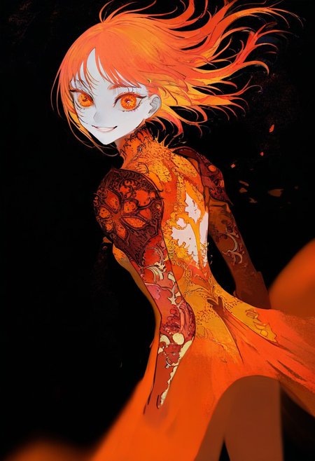 solo, looking at viewer, orange eyes, black background, 1girl, long orange hair, extremely pale skin, orange dress, smiling, masterpiece, best quality, very aesthetic, absurdres,
 <lora:monfornoob:0.95>