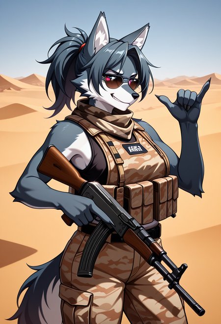 masterpiece, high quality, best quality, 1girl, solo, furry, wolf, ponytail, looking at viewer, cowboy shot, shaka sign, gesture, military,  desert camouflage, desert, nature, five fingers, claws, gun, ak-47, holding, smirk, vest, sleeveless, athletic, scarf, sunglasses,
