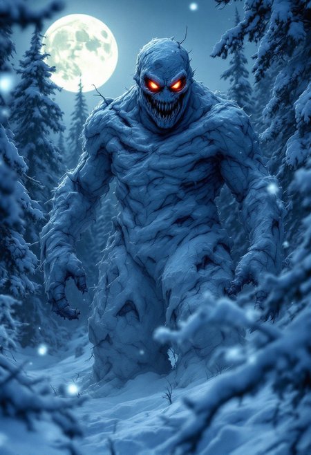 A cinematic medium shot of a hauntingly beautiful dark fantasy scene. A menacing snowman with sinister features stands tall in an eerie snow-covered forest at night. The snowman's glowing red eyes and jagged icicle teeth exude an unsettling presence. Its rough and misshapen body adds to the monstrous appearance. The full moon casts a chilling glow, illuminating the ghostly landscape and accentuating the isolation. The color palette of cool blues and whites dominates the scene, with the glowing red eyes creating a striking contrast.