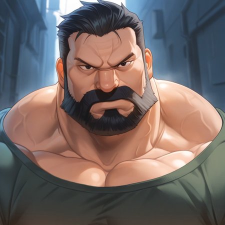safe_pos, safe_pos, source_anime, detailed background, (score_9, score_8_up, score_7_up), zoroj, masterpiece, best quality, high quality, ultra detailed, highly detailed, high detail, artistic lighting, (highly detailed face, (perfect face, perfect eyes)), depth of field, perfect soft lighting, best shadows, perfect reflections, volumetric, detailed image, high resolution, defined faces, sharp definition, great lighting,

solo, 1boy, male focus, Sig Curtis, short hair, black hair, black eyes, facial hair, beard, green shirt with short sleeves, musclebears, muscular male, bara, hyper muscles, veiny muscles,

alley, ((face shot)), looking at viewer,